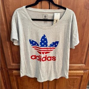 NWT Adidas Women's Gray T-Shirt with Blue and Red Logo